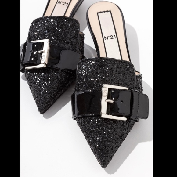 No. 21 women’s black glitter pointed buckle mules slides sandal size 35 US 5 - Picture 2 of 15